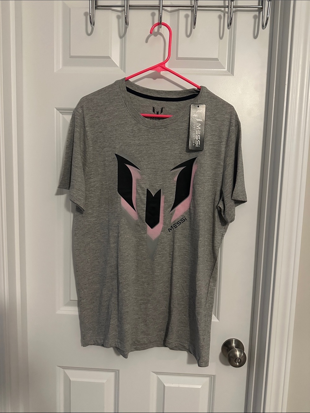 NWT MESSI Gray Graphic Logo Tee with Pink Accent